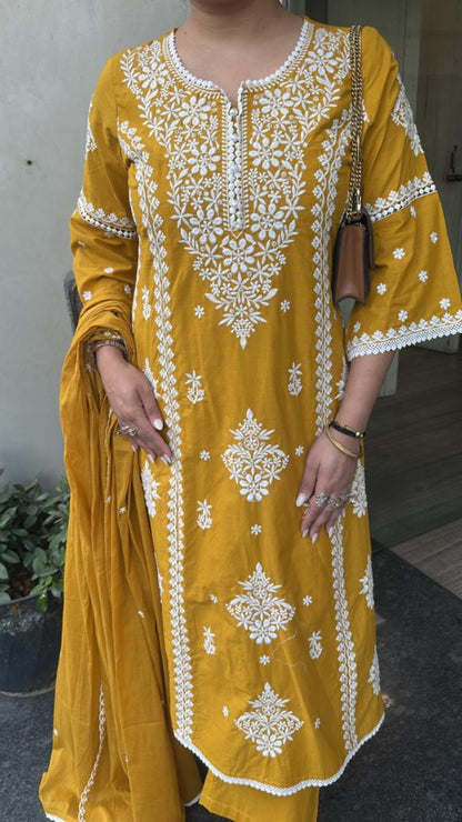 Lucknowi Mustard Chikankari A-Line Cotton Suit