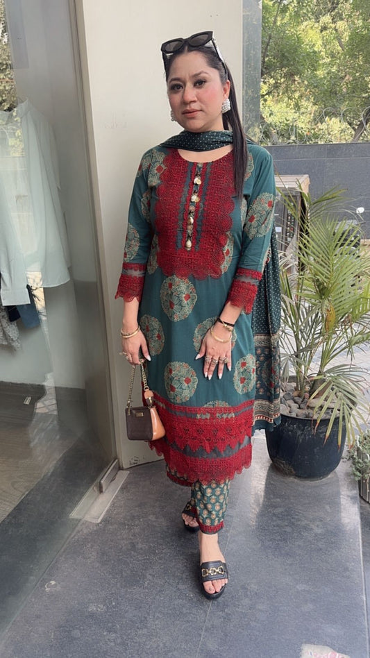 Iris Lace work Digital Print Designer Cotton Suit