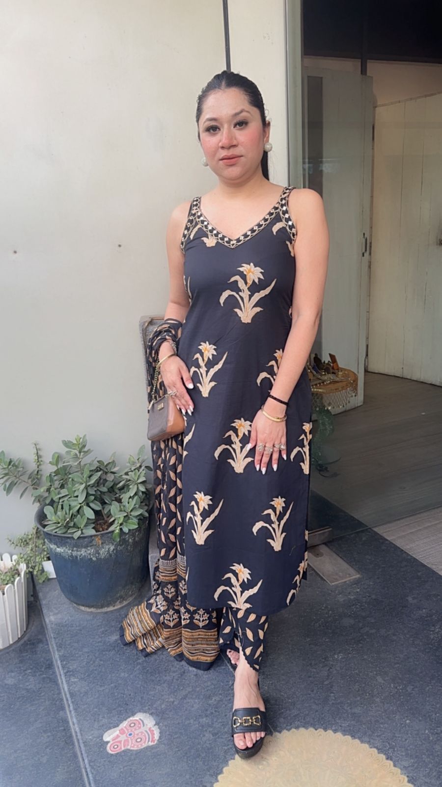 Dahi Black Designer Cotton Suit (Sleeve Fabric Attached)