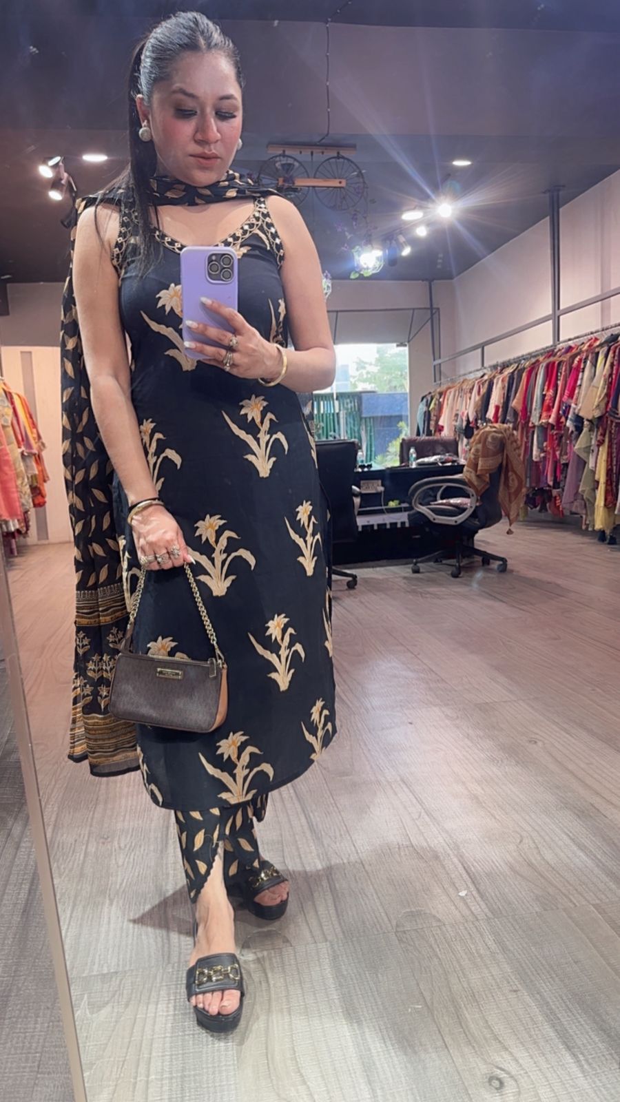Dahi Black Designer Cotton Suit (Sleeve Fabric Attached)