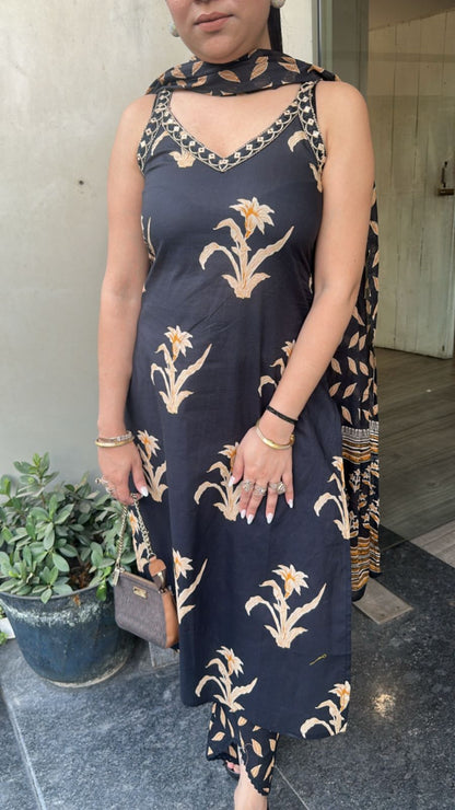 Dahi Black Designer Cotton Suit (Sleeve Fabric Attached)