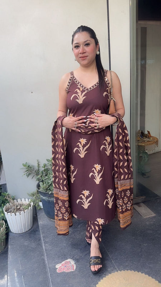 Dahi Brown Designer Cotton Suit (Sleeve Fabric Attached)
