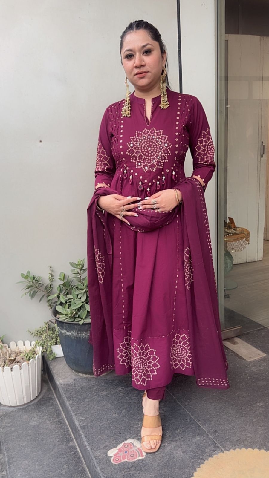 Elaichi Wine Cotton Anarkali Designer Cotton Suit