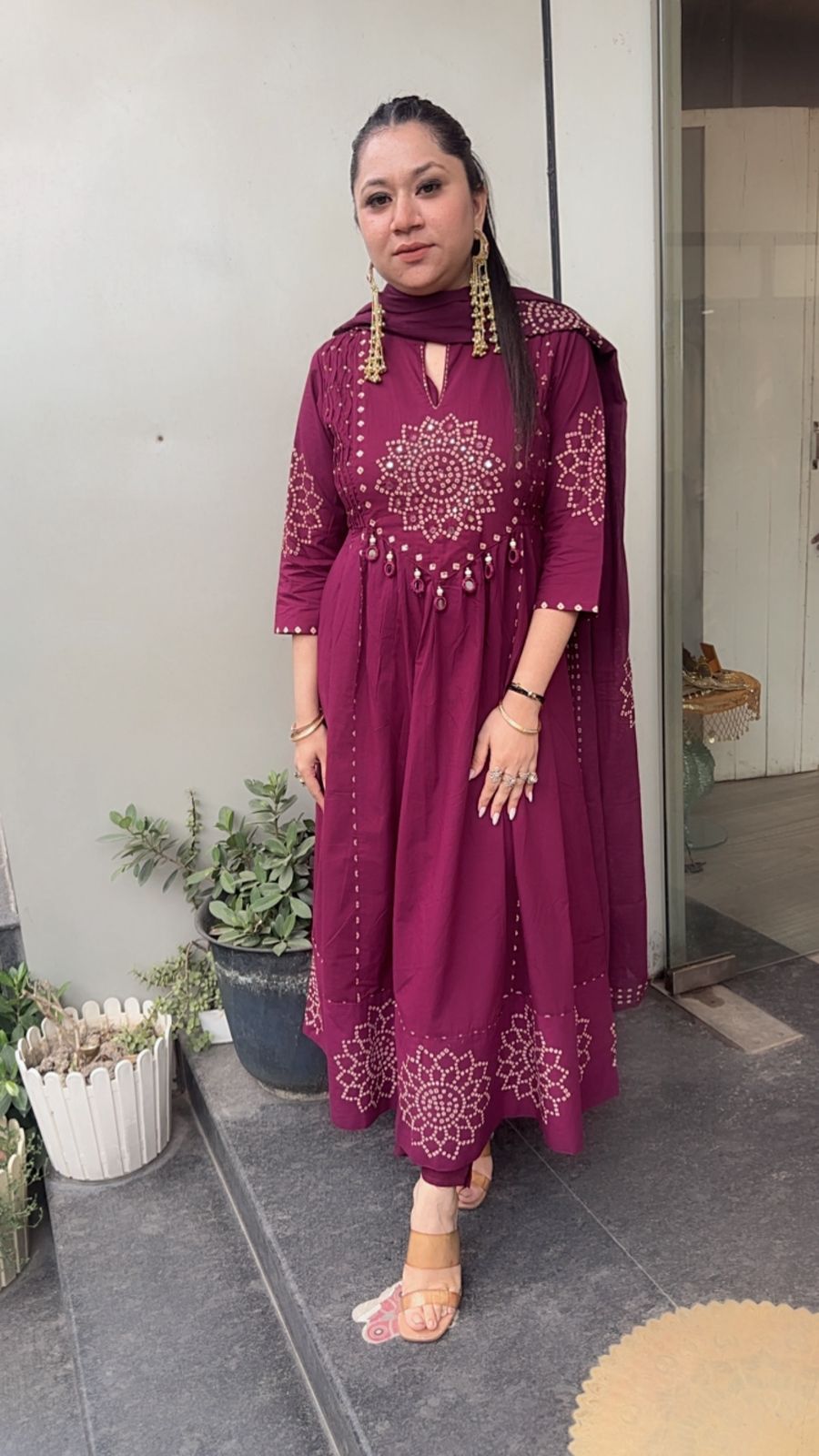 Elaichi Wine Cotton Anarkali Designer Cotton Suit