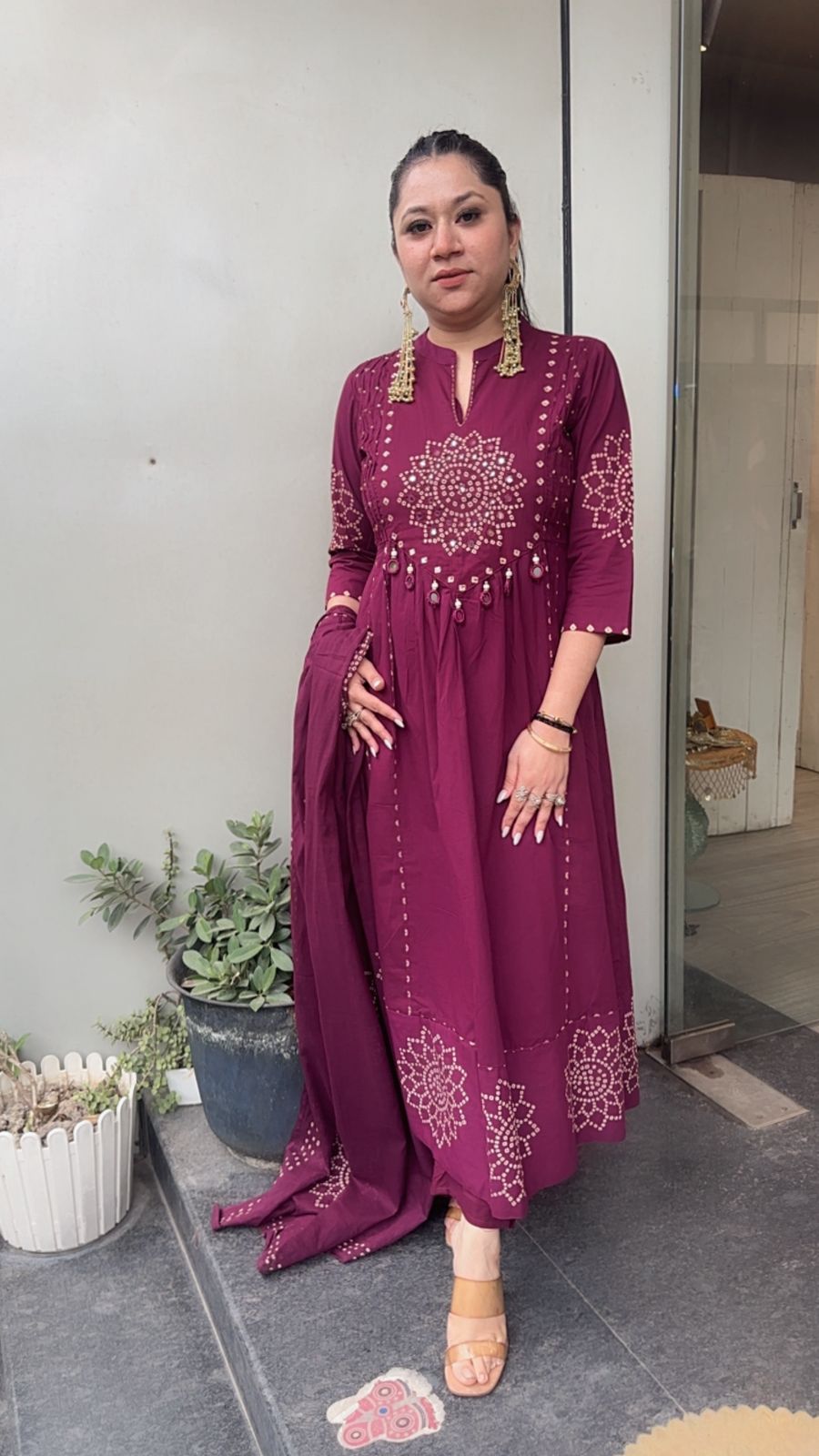 Elaichi Wine Cotton Anarkali Designer Cotton Suit