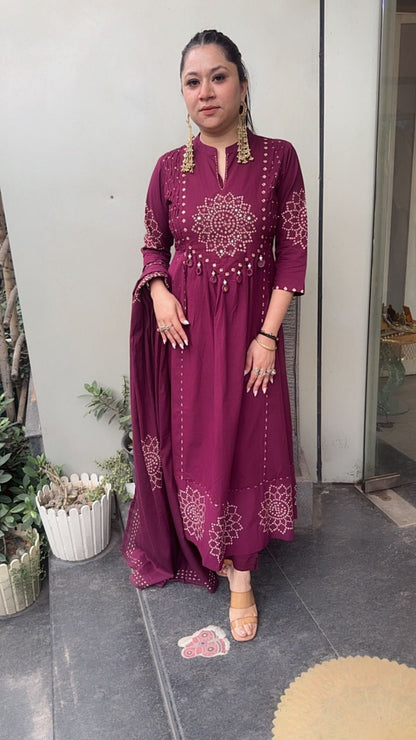 Elaichi Wine Cotton Anarkali Designer Cotton Suit