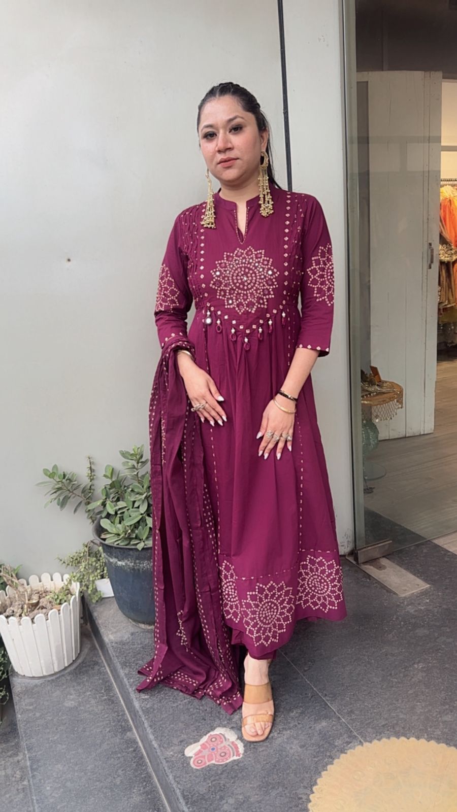 Elaichi Wine Cotton Anarkali Designer Cotton Suit