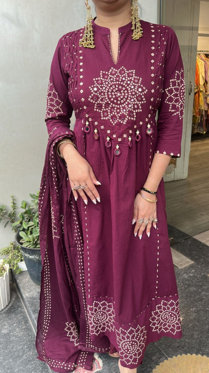 Elaichi Wine Cotton Anarkali Designer Cotton Suit