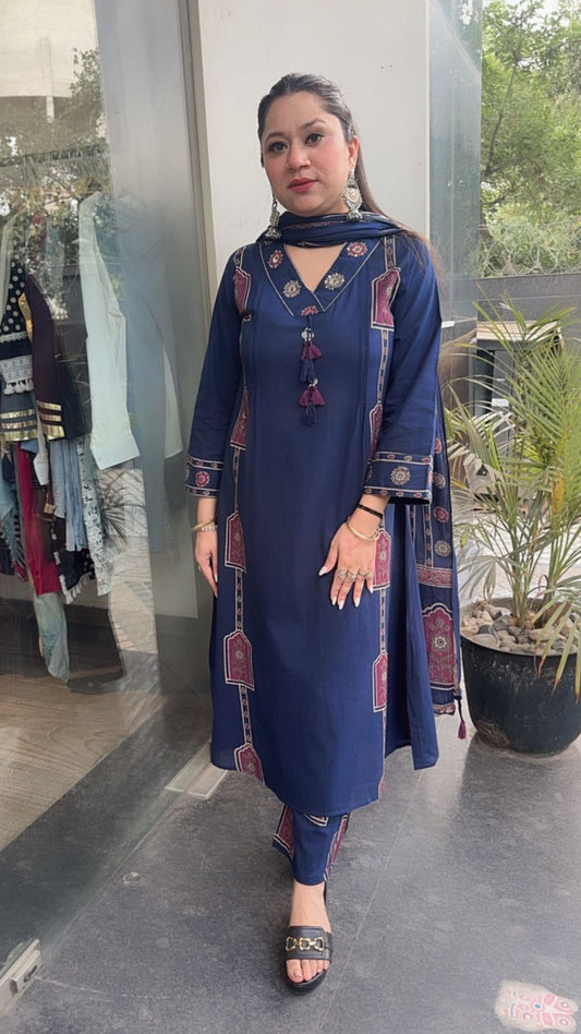 Jahan Navy Blue Cotton designer Suit