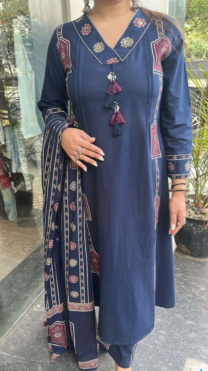 Jahan Navy Blue Cotton designer Suit
