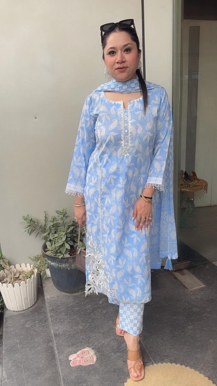 Ruffi Aqua Blue Cotton designer Suit