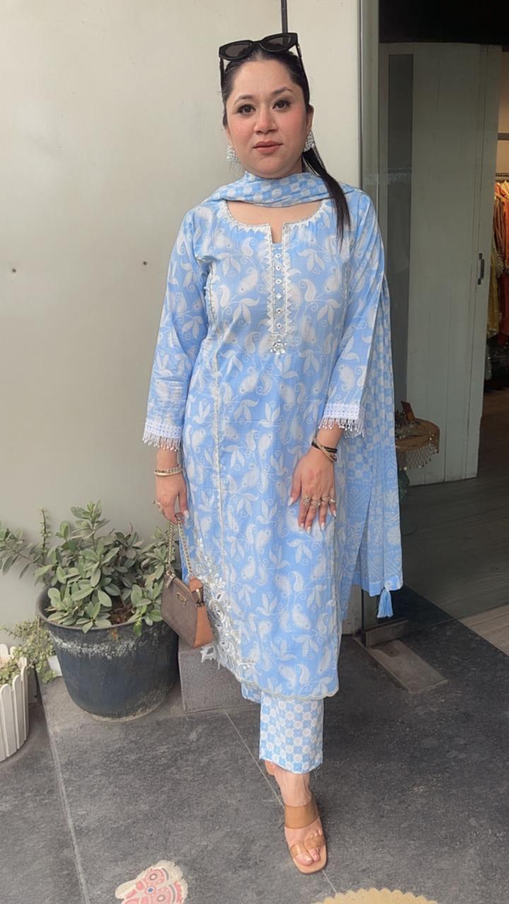 Ruffi Aqua Blue Cotton designer Suit