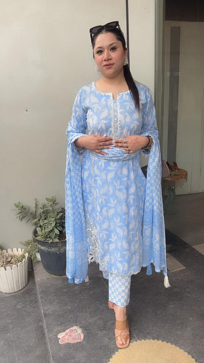 Ruffi Aqua Blue Cotton designer Suit