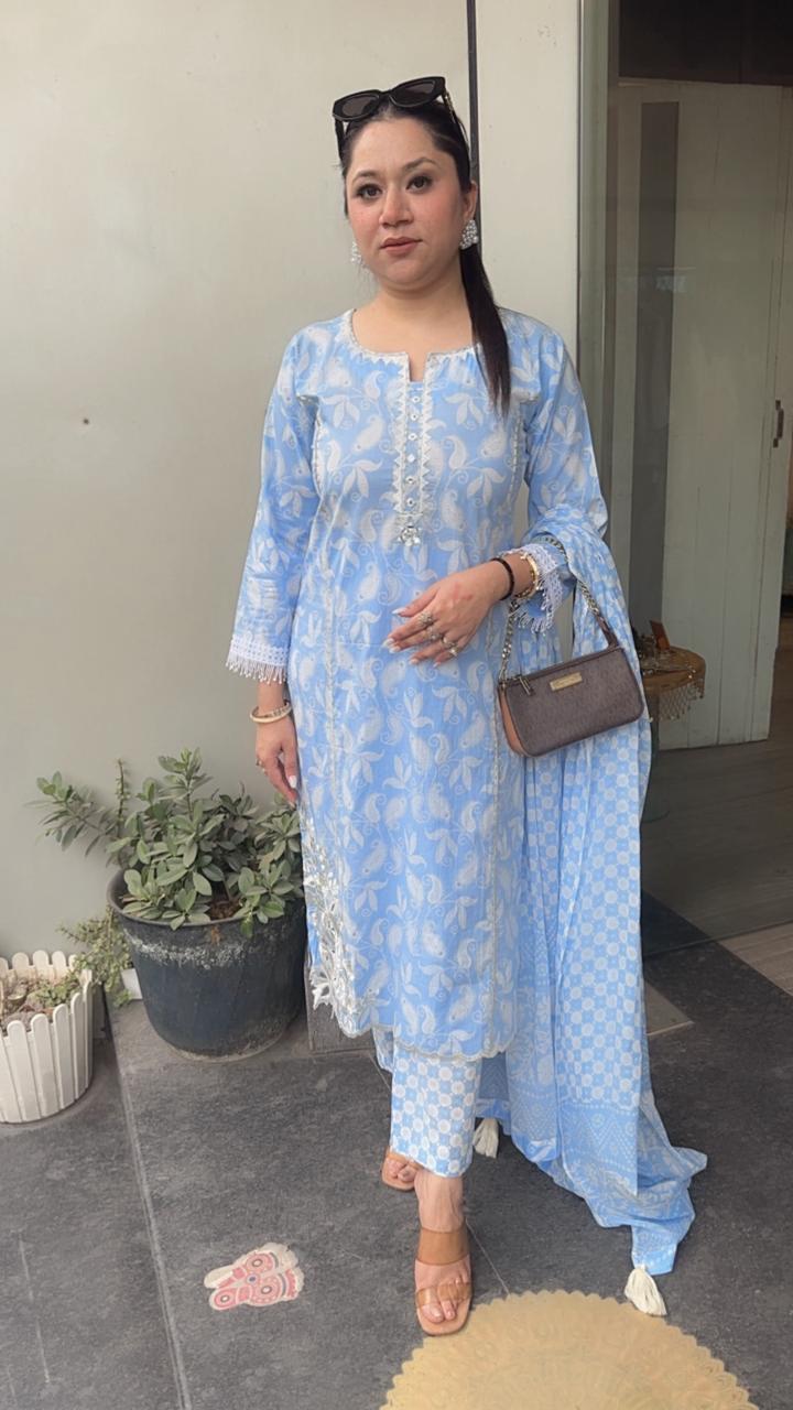 Ruffi Aqua Blue Cotton designer Suit