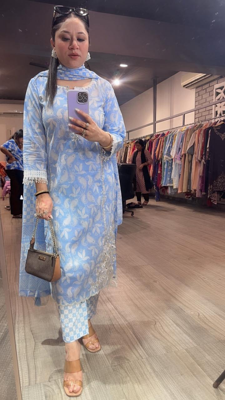 Ruffi Aqua Blue Cotton designer Suit