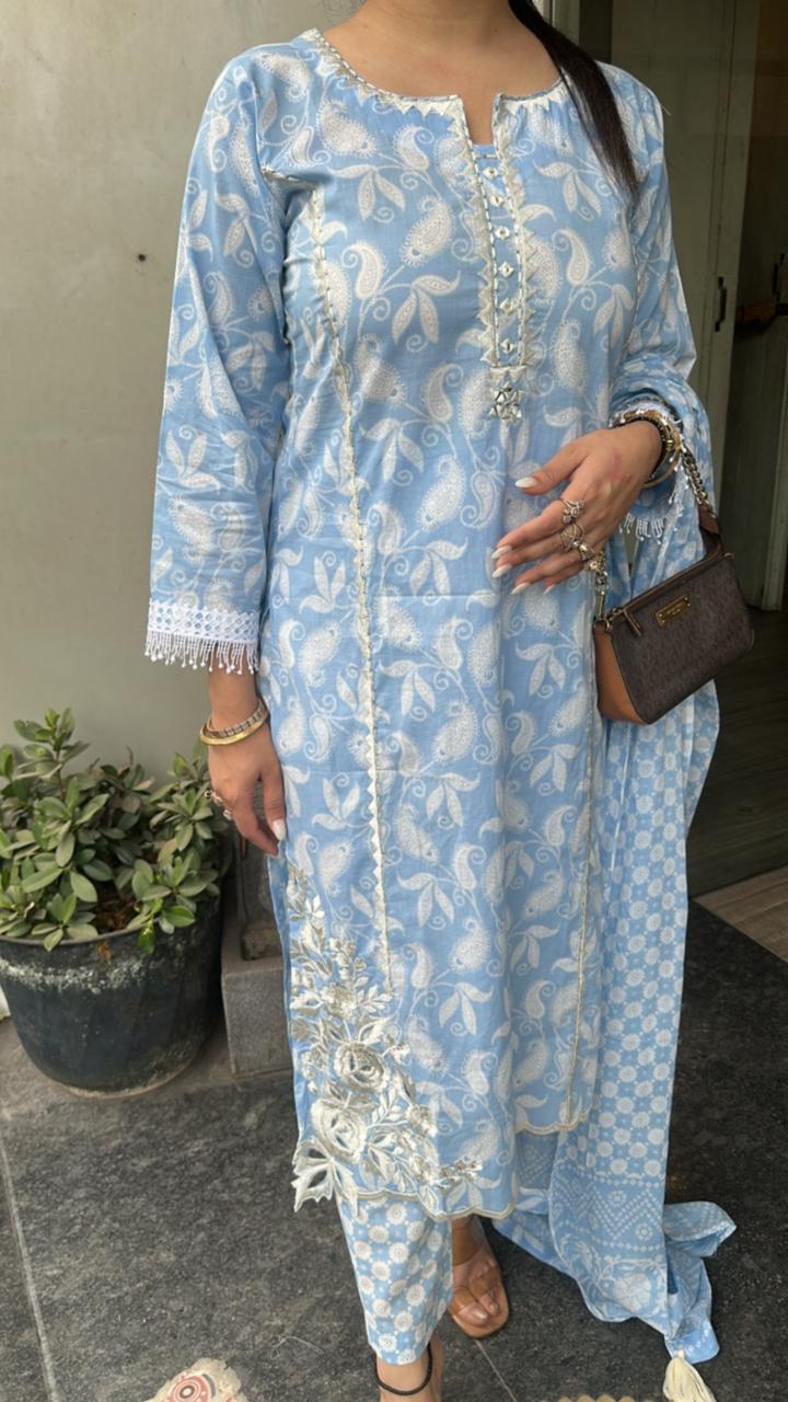 Ruffi Aqua Blue Cotton designer Suit