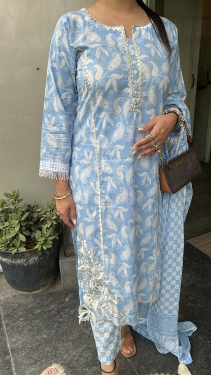 Ruffi Aqua Blue Cotton designer Suit