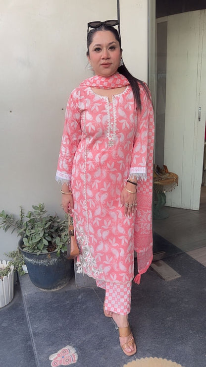 Ruffi Peach Pink Cotton designer Suit