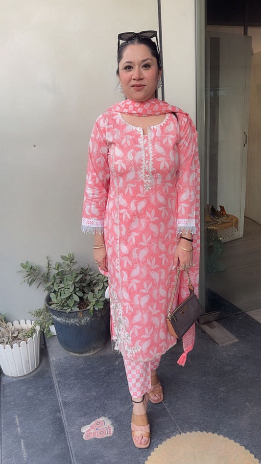 Ruffi Peach Pink Cotton designer Suit