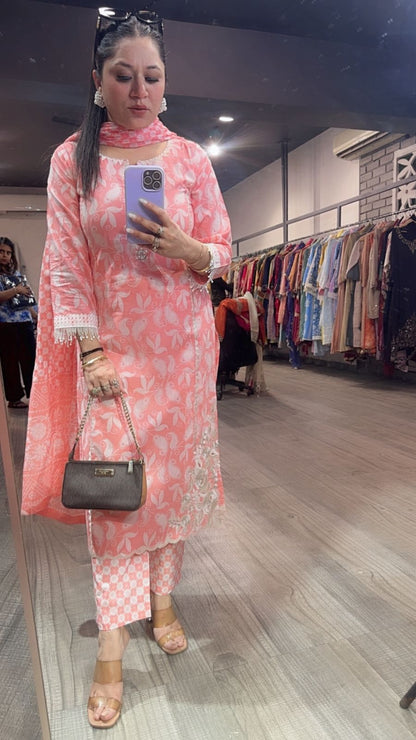 Ruffi Peach Pink Cotton designer Suit