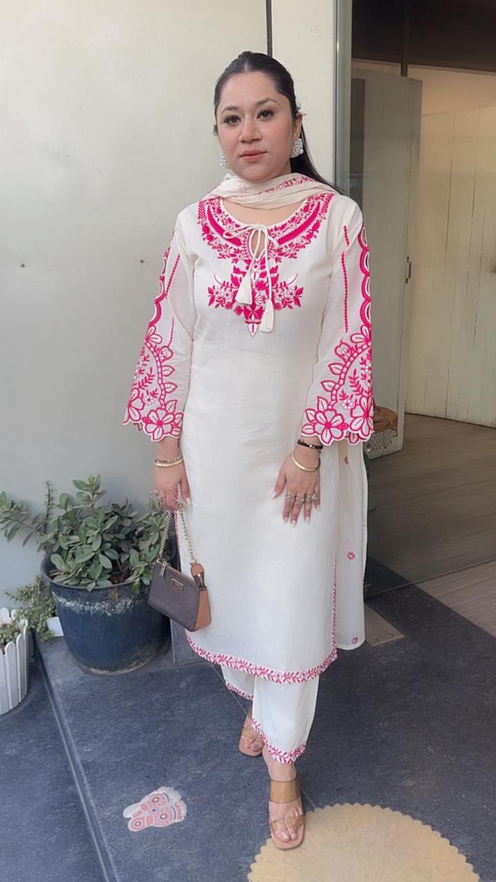 Herbs pink Ivory cotton Designer Suit