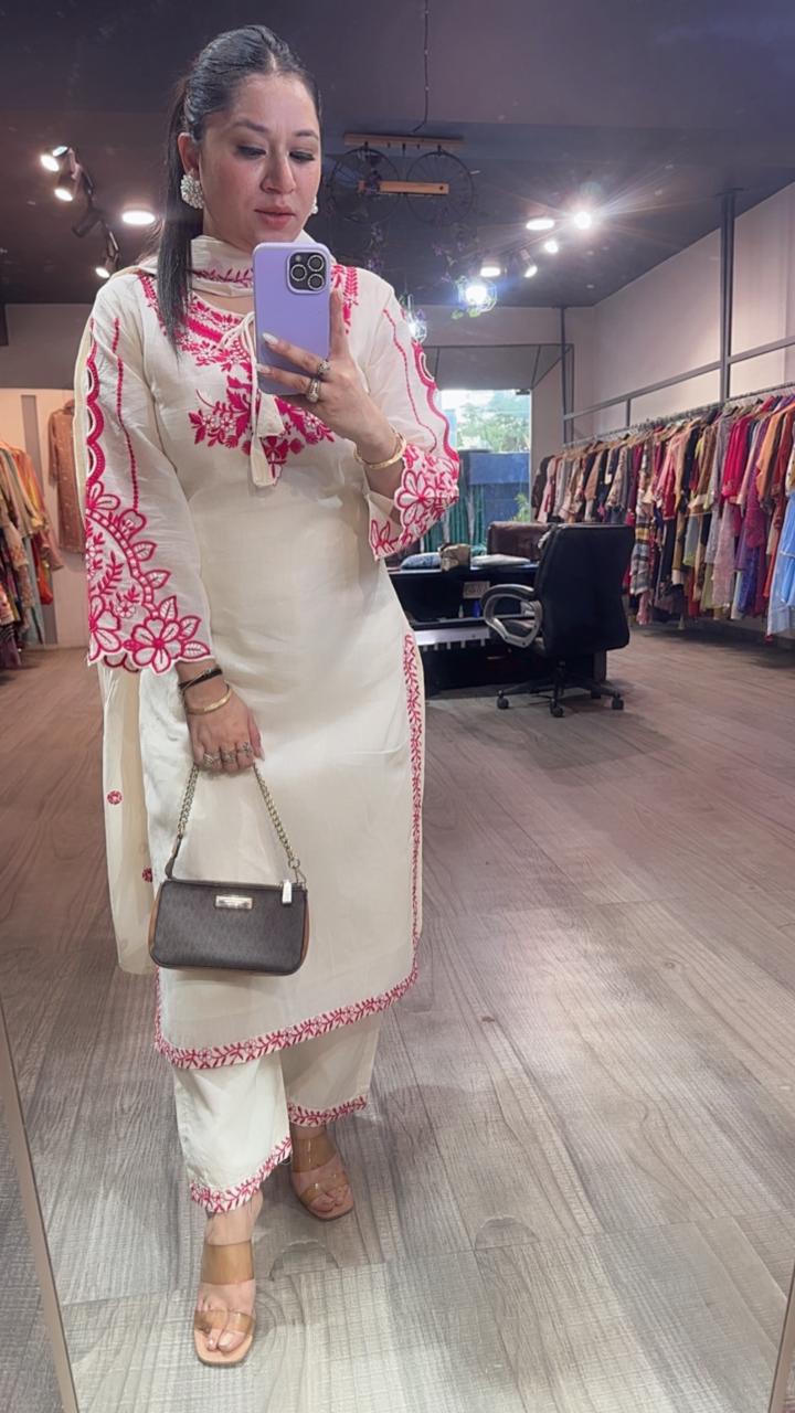 Herbs pink Ivory cotton Designer Suit
