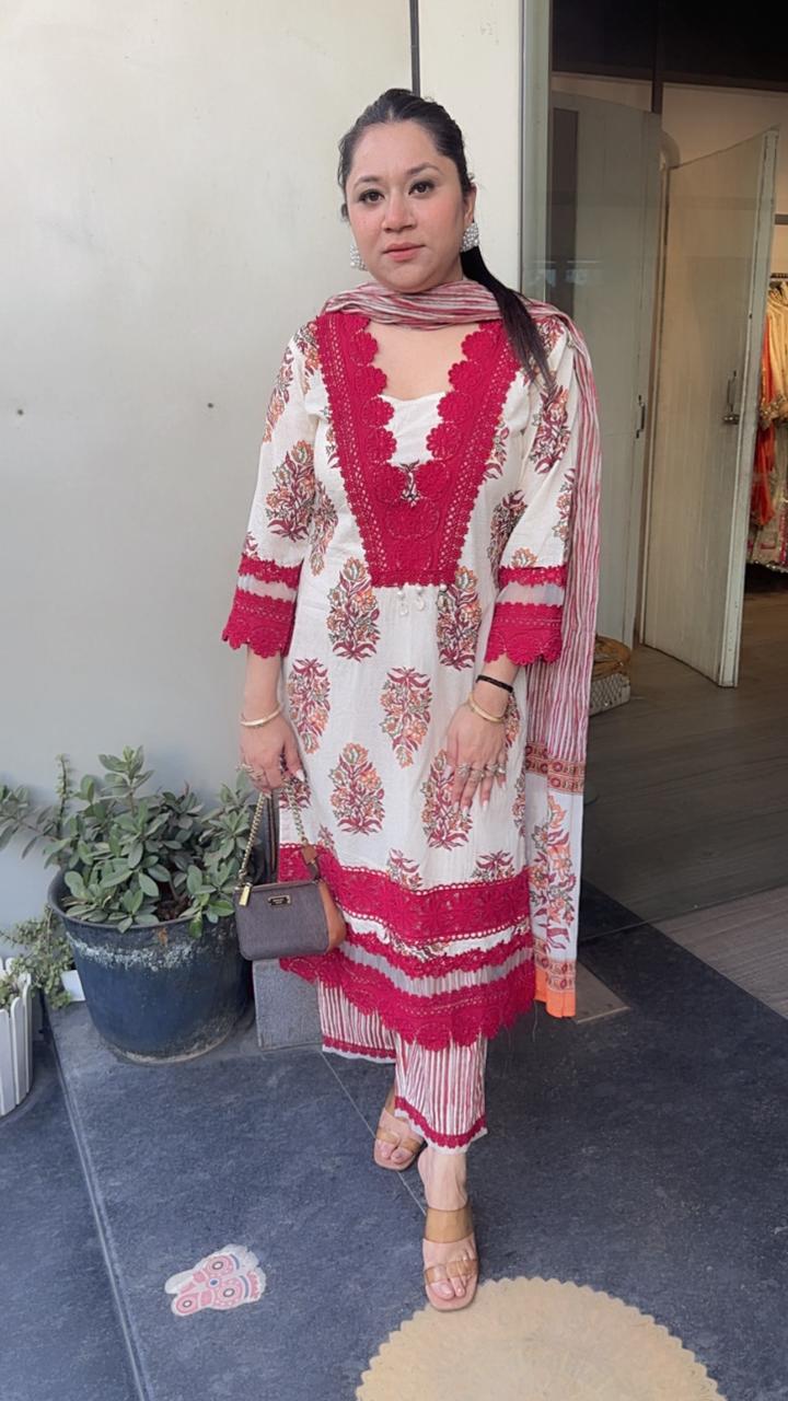Saunf Red Ivory Digital cotton Designer Suit