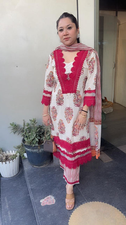 Saunf Red Ivory Digital cotton Designer Suit