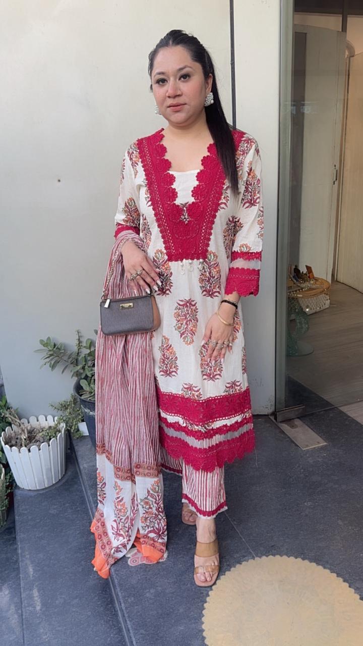 Saunf Red Ivory Digital cotton Designer Suit