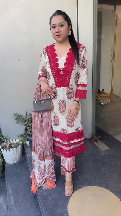 Saunf Red Ivory Digital cotton Designer Suit