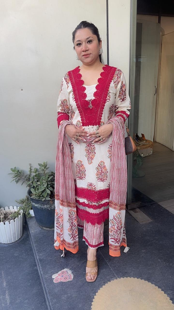 Saunf Red Ivory Digital cotton Designer Suit