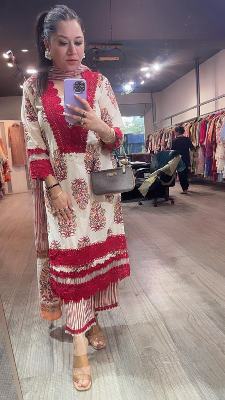 Saunf Red Ivory Digital cotton Designer Suit
