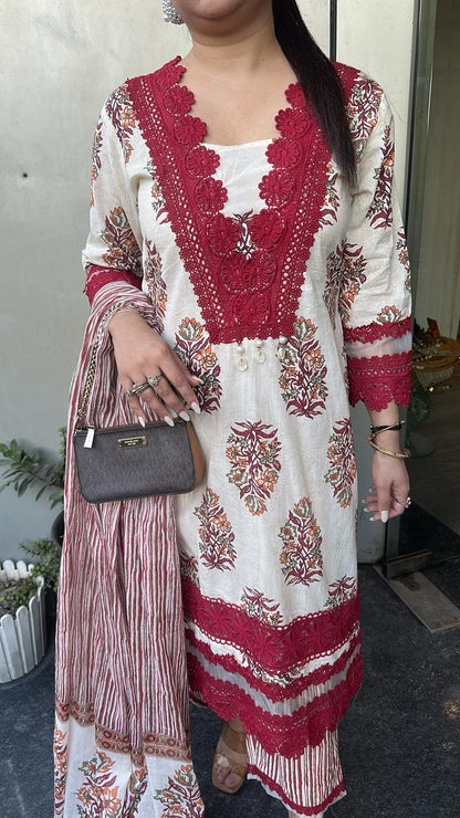 Saunf Red Ivory Digital cotton Designer Suit