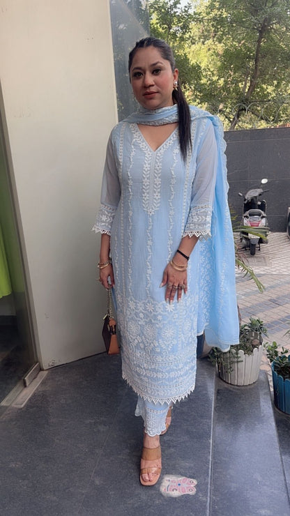 Kabeer powder Blue chikankari Designer Suit