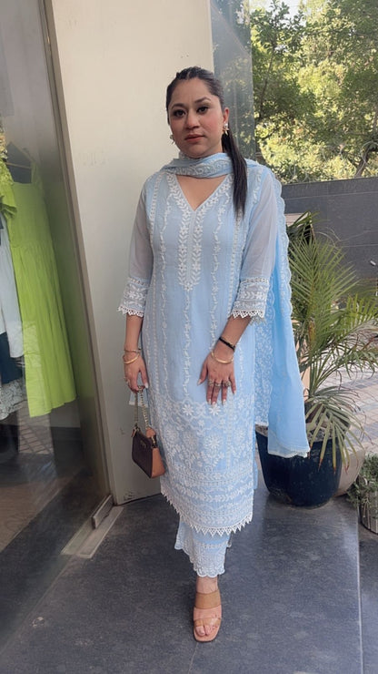 Kabeer powder Blue chikankari Designer Suit