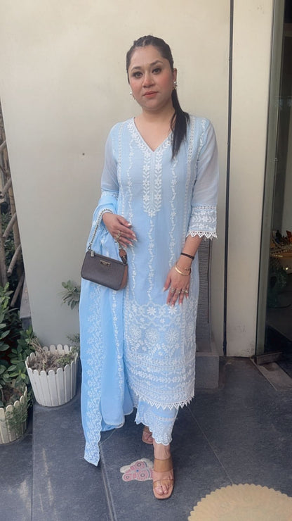 Kabeer powder Blue chikankari Designer Suit