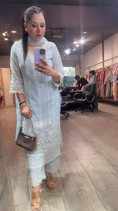 Kabeer powder Blue chikankari Designer Suit