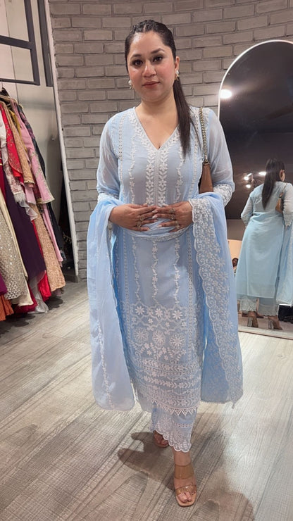 Kabeer powder Blue chikankari Designer Suit