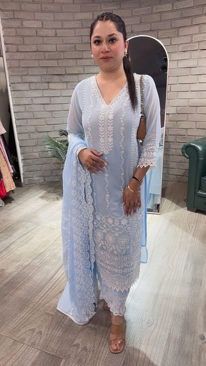 Kabeer powder Blue chikankari Designer Suit