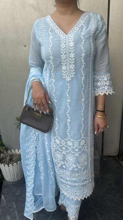 Kabeer powder Blue chikankari Designer Suit
