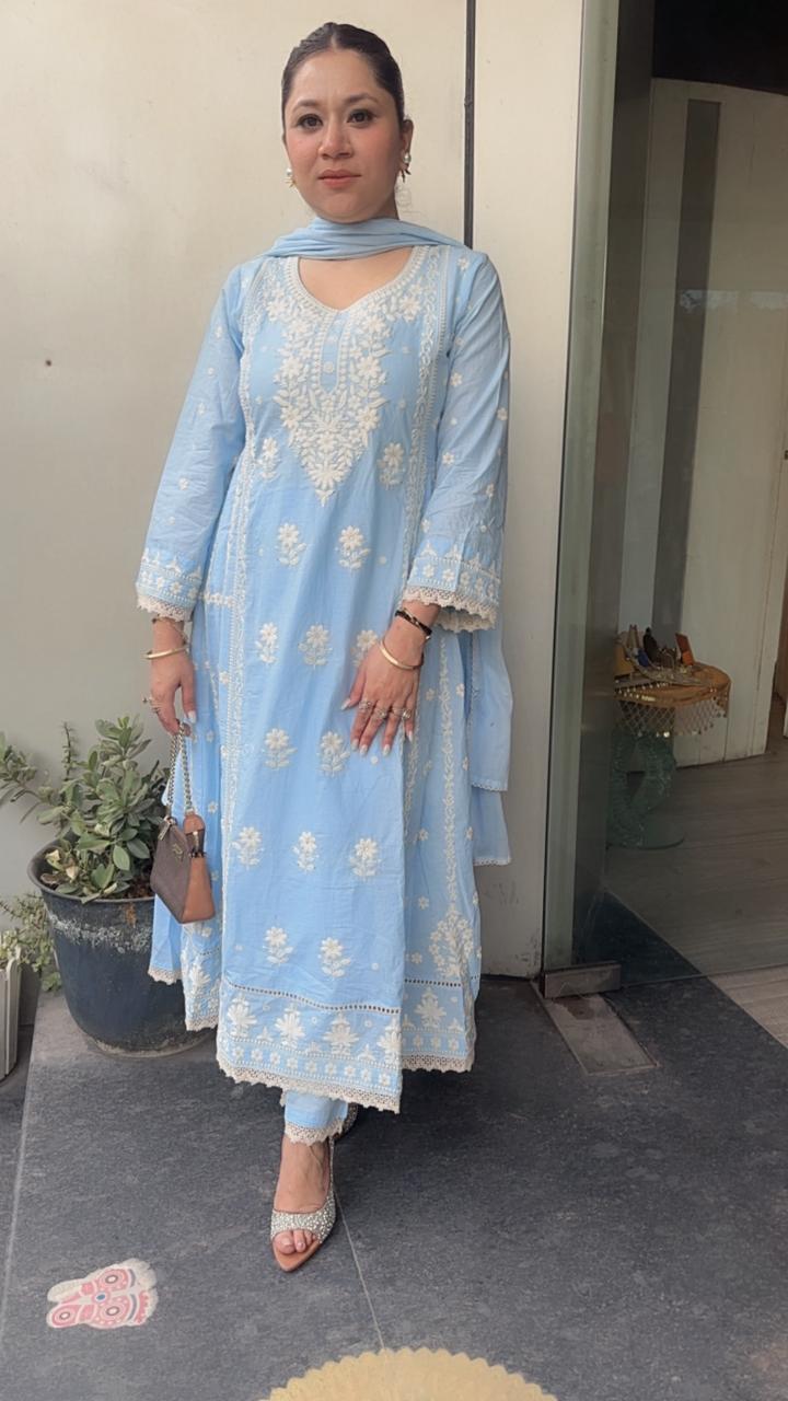 Tamana powder Blue chikankari Anarkali Designer Suit