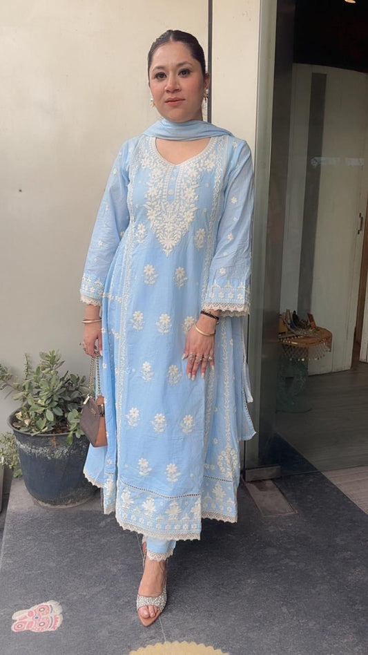 Tamana powder Blue chikankari Anarkali Designer Suit