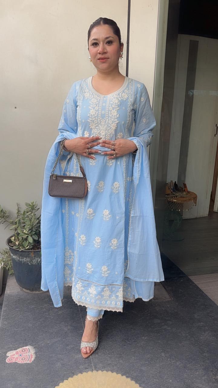 Tamana powder Blue chikankari Anarkali Designer Suit