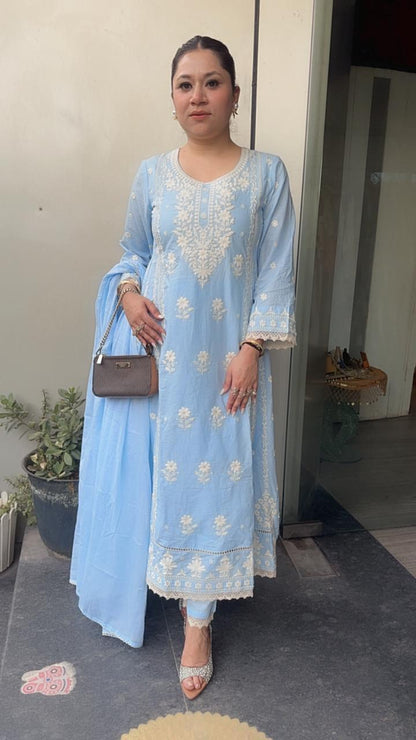 Tamana powder Blue chikankari Anarkali Designer Suit