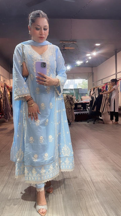 Tamana powder Blue chikankari Anarkali Designer Suit