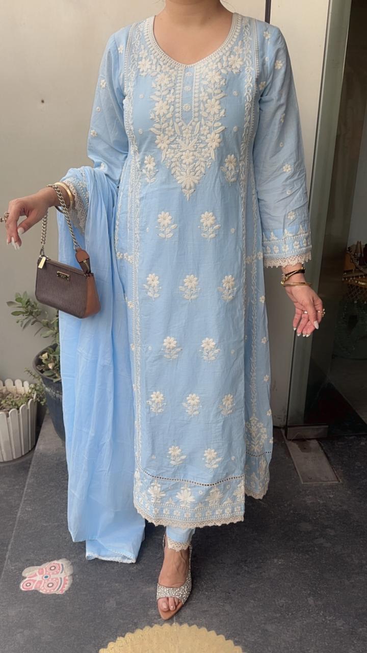 Tamana powder Blue chikankari Anarkali Designer Suit