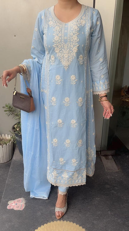 Tamana powder Blue chikankari Anarkali Designer Suit
