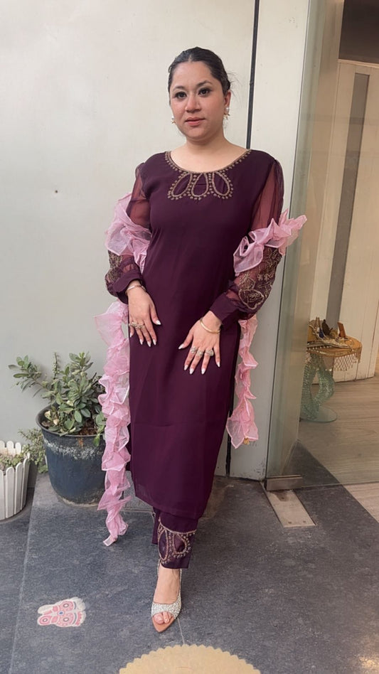 Wine Ruffle Dupatta suit