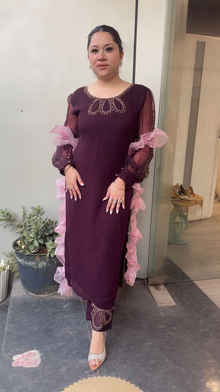 Wine Ruffle Dupatta suit
