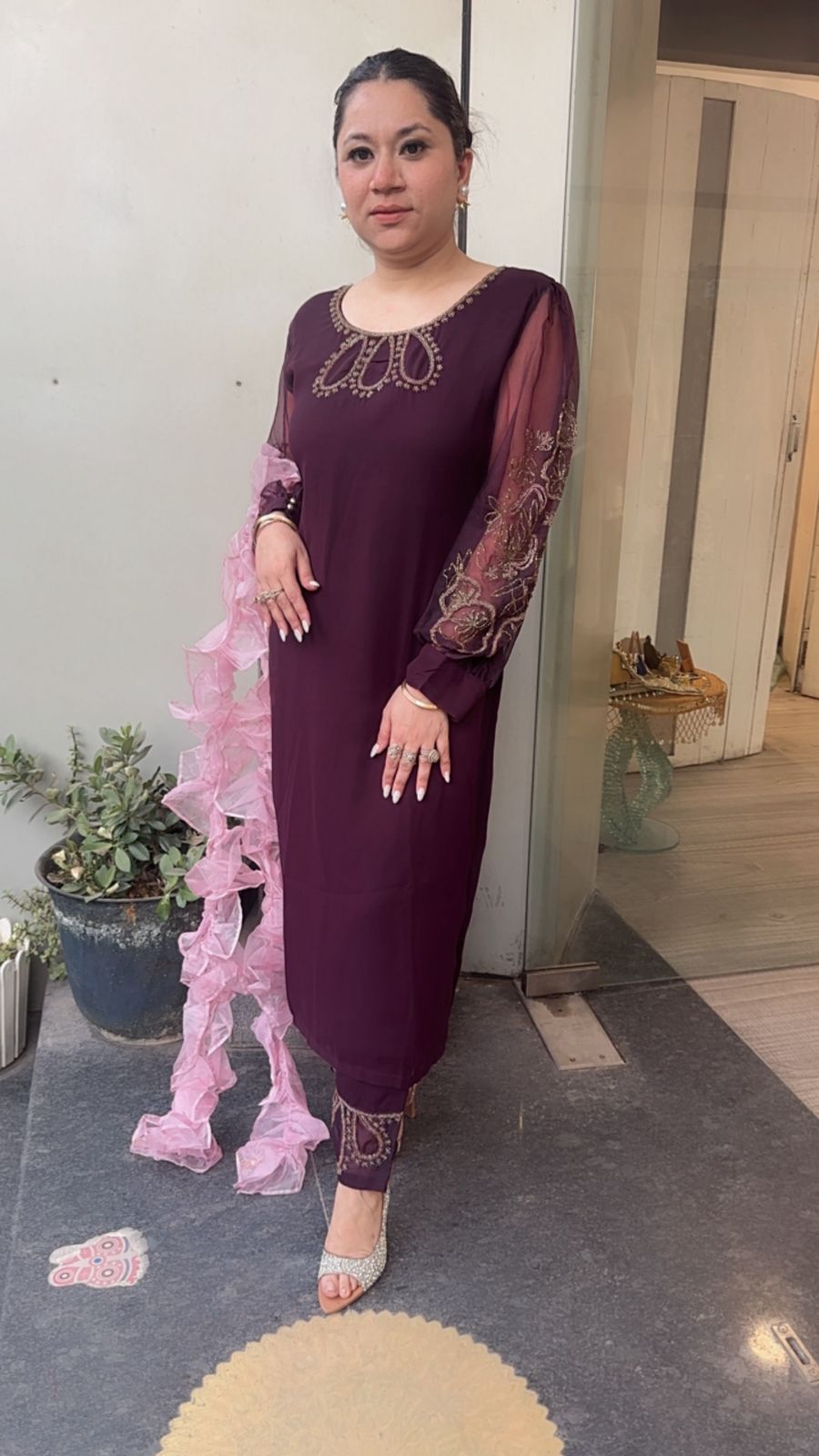 Wine Ruffle Dupatta suit